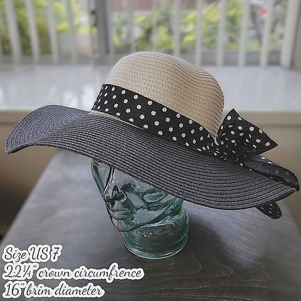 Vtg two-tone ribbon bow floppy straw sun hat